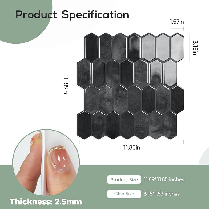 Vamos Tile Thicker Design Long Hexagon Peel and Stick Backsplash Tile | 10-Sheet Shiny Black with Dark Grey Grout Self Adhesive Wall Tiles Stick On Backsplash for Kitchen Bathroom RV Fireplace