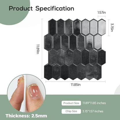 Vamos Tile Thicker Design Long Hexagon Peel and Stick Backsplash Tile | 10-Sheet Shiny Black with Dark Grey Grout Self Adhesive Wall Tiles Stick On Backsplash for Kitchen Bathroom RV Fireplace