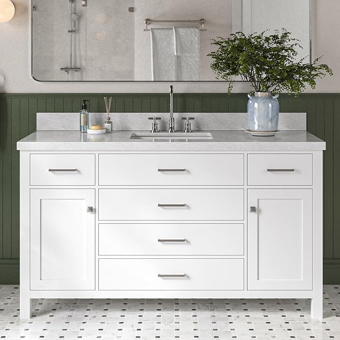 Alenza 60 Inch Bathroom Vanity Single Sink — White Bathroom Vanity with Sink, 1.5" Edge Italian Carrara Marble Countertop & Backsplash, 2 Soft-Close Doors, 5 Dovetail Drawers