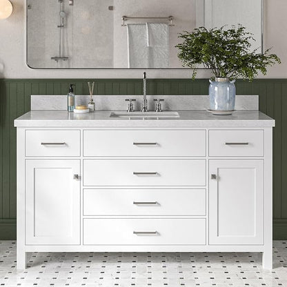 Alenza 60 Inch Bathroom Vanity Single Sink — White Bathroom Vanity with Sink, 1.5" Edge Italian Carrara Marble Countertop & Backsplash, 2 Soft-Close Doors, 5 Dovetail Drawers