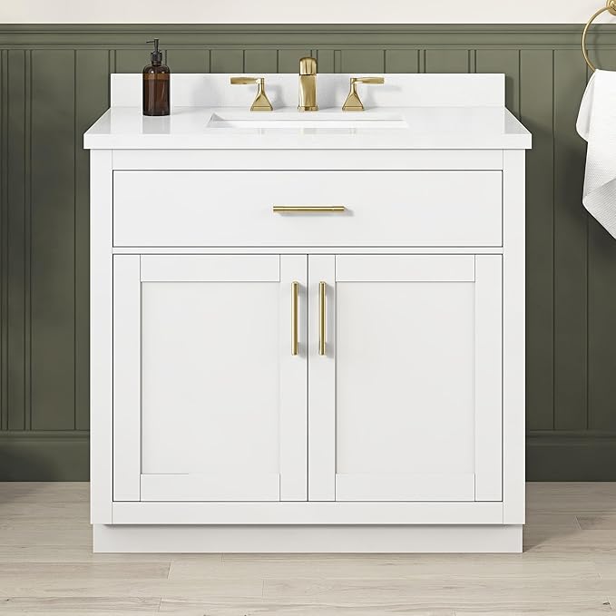 OVE Decors Bailey 36 in. Single Sink Freestanding White Bathroom Vanity with White Quartz Top, Matching Backsplash and Brushed Gold Hardware