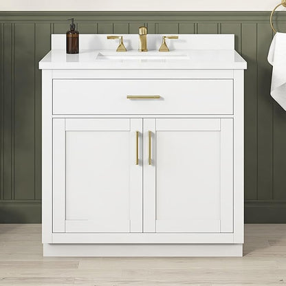 OVE Decors Bailey 36 in. Single Sink Freestanding White Bathroom Vanity with White Quartz Top, Matching Backsplash and Brushed Gold Hardware