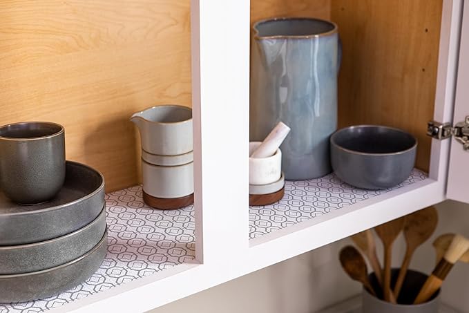 Smooth Top EasyLiner for Cabinets & Drawers - Easy to Install & Cut to Fit - Shelf Paper & Drawer Liner Non Adhesive - Non Slip Shelf Liner - 12in. x 10ft. - 6 Roll Project Pack - Gray Geo Print