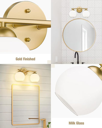 Emak 2-Light Gold Bathroom Light Fixtures, Modern Globe Vanity Lights with Milk Glass Shade for Bathroom, VL114-GD-ML-2