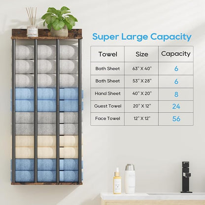 Wall Mounted 4-Bar Towel Rack with Wooden Shelf, Bathroom Storage Holder | Large Bathroom Towel Storage Rack for Rolled Towels, Farmhouse Metal Towel Organizer Shelf with Wooden Storage Shelf