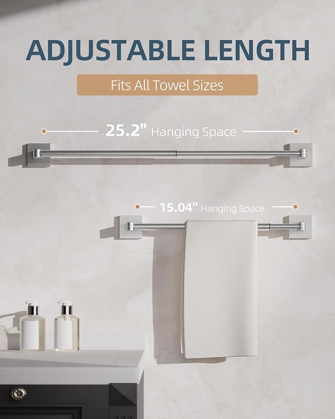 RUACQ Adjustable Towel Bar, Adhesive or Drill Wall Mount Towel Rack, Nickel | Adjust 15.8 to 26 Inch Towel Racks for Bathroom, 304 Stainless Steel Bath Towel Holder, Rustproof, Square Base, Heavy Duty