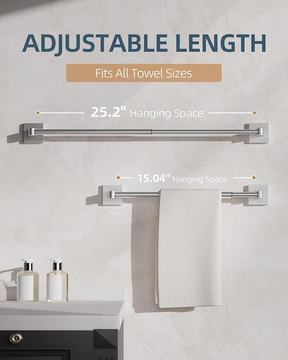 RUACQ Adjustable Towel Bar, Adhesive or Drill Wall Mount Towel Rack, Nickel | Adjust 15.8 to 26 Inch Towel Racks for Bathroom, 304 Stainless Steel Bath Towel Holder, Rustproof, Square Base, Heavy Duty