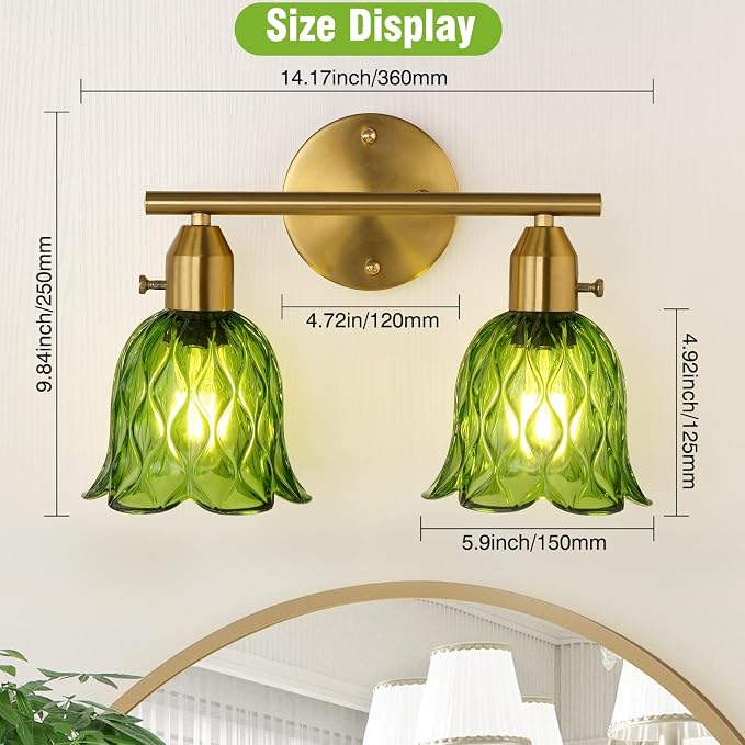 Vintage Bathroom Light Fixtures，2-Light Hardwired Vanity Lights Over Mirror, Brass Wall Sconces with Green Tulip Glass Shade for Bathroom Stairway Bedroom Living Room(Bulbs Not Included,E26 Socket)