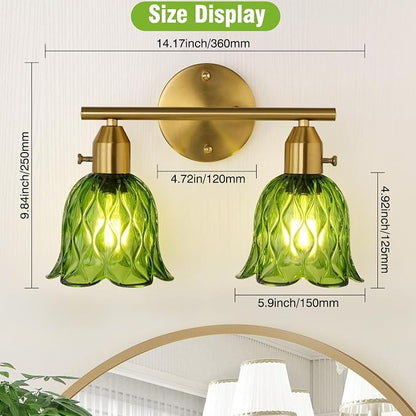 Vintage Bathroom Light Fixtures，2-Light Hardwired Vanity Lights Over Mirror, Brass Wall Sconces with Green Tulip Glass Shade for Bathroom Stairway Bedroom Living Room(Bulbs Not Included,E26 Socket)