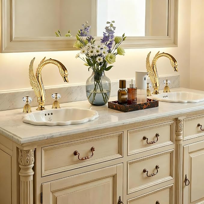 Swan Crystal Gold 3 Hole Vanity Brass 2 Handles 8 inch Cool Copper Widespread Unique Bathroom Sink Faucets, Ornate Restroom Taps Fixtures, 3 Pieces Bird Style Faucets (3 Hole, Golden)