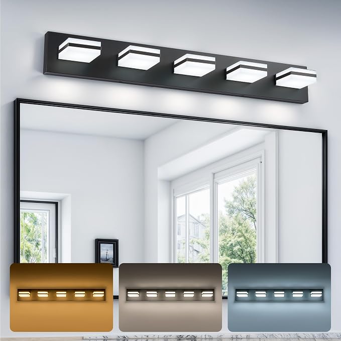 VONLUCE LED Modern Bathroom Vanity Light Fixture, Matte Black | 34'', 5-Light, 3CCT, 360° Rotate, High CRI, Flicker-free, Dimmable, Memory Function, Waterproof IP44, Easy Installation
