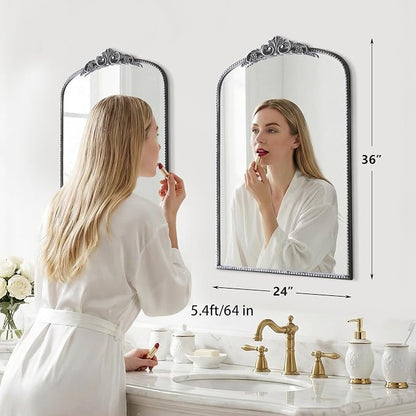 Micasso Bathroom Mirror for Over Sink: 24"x36" Silver Vintage Arched Mirror | Traditional Ornate Baroque Decorative Antique Wall Mirror for Bedroom/Entryway/Hallway/Dresser/Vanity/Mantel/Nightstand