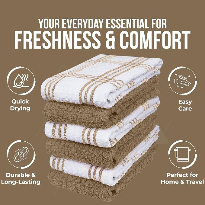 DAN RIVER Tan Kitchen Towels, 12 Pack, 16x26 Inches Absorbent Dish Towels | 100% Cotton Absorbent Soft cotton kitchen towels for drying dishes, Quick Dry, Dish Towels for kitchen,Tea and Bar towels set