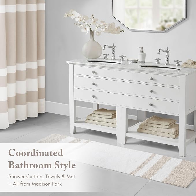 Madison Park Spa Cotton Bath Rug Absorbent Plush Striped, 24 x 72, Taupe | Soft Pile, Machine Washable, OEKO-TEX Certified
