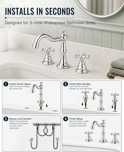 gotonovo Bathroom Faucet 3 Hole Vintage, Polish Chrome, Script Font Label | Widespread Bathroom Sink Faucet 8 Inch 2 Cross Handles,Pop Up Drain,cUPC Supply Line,4-15.7” Install,for Vanity Farmhouse RV