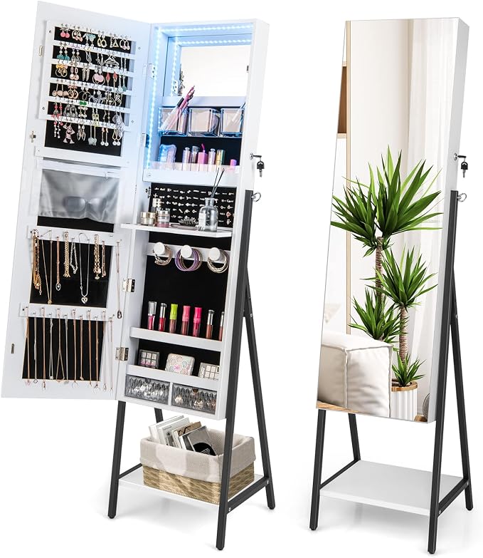 CHARMAID Standing Jewelry Armoire with Full Length Mirror, Lockable Jewelry Cabinet Organizer with Lights, 3 Lighting Modes, Foldable Makeup Tray, Storage Drawers & Shelves (White)