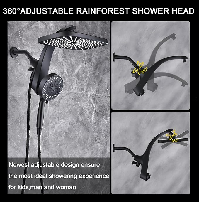 12" High Pressue Rain Shower Head with Handheld, 9 Sprays Hand Showerhead | Shower Heads with Handheld Spray Combo, Dual Head, Built-in Magnetic Docking, Power Jets, 59" Shower Hose, Black 1.75GPM