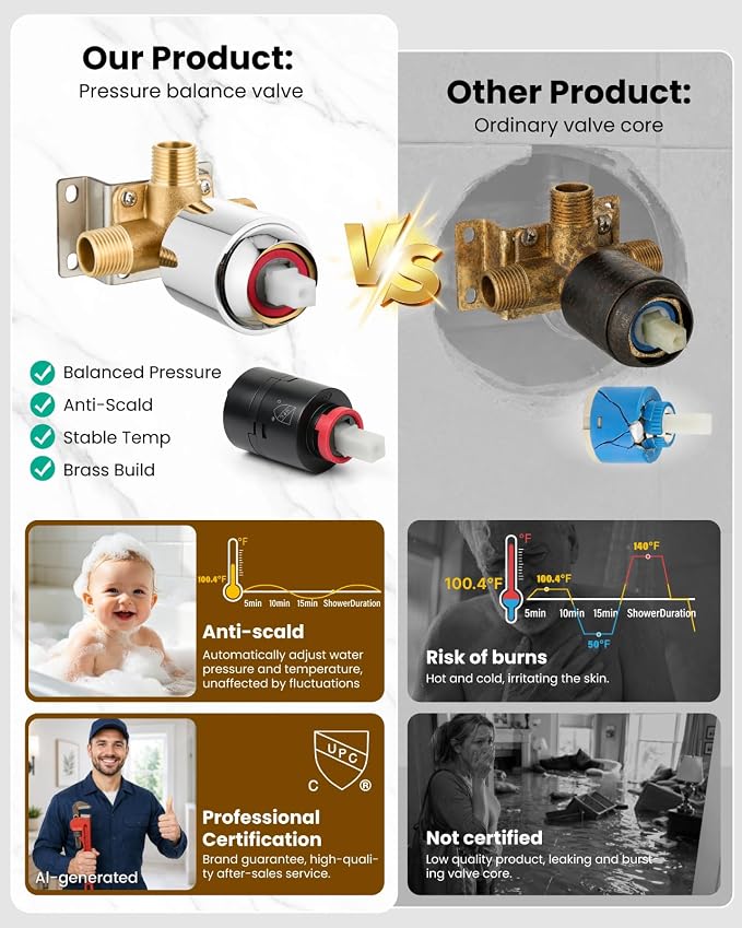 gotonovo Dual Shower Head with Valve 6 Mode Handheld Spray Polished Chrome | 6 Mode ABS Rain Head with Handheld Spray,2 in 1 Bathroom Trim Kit,Shower Head and Handle Set,Brass Rough-in Valve,Wall Mount