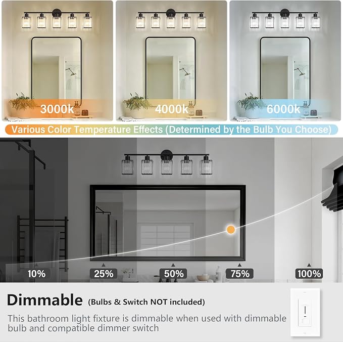 5 Light Bathroom Light Fixtures, Modern Crystal Vanity Lights over Mirror | Metal Frame, Bathroom Light with Square Crystal Shade, ETL Certified, E26 Ceramic Socket, Bulbs Not Included