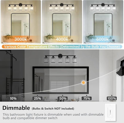 5 Light Bathroom Light Fixtures, Modern Crystal Vanity Lights over Mirror | Metal Frame, Bathroom Light with Square Crystal Shade, ETL Certified, E26 Ceramic Socket, Bulbs Not Included