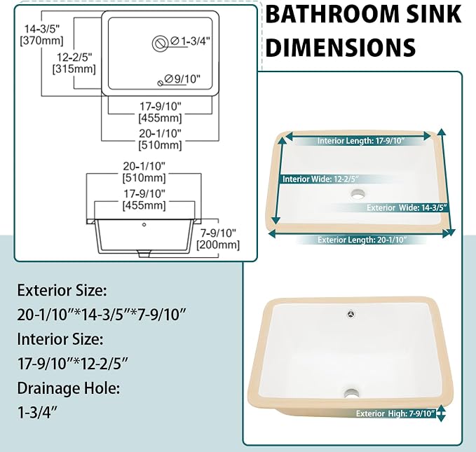 White Ceramic 20"x15" Undermount Bathroom Lavatory Sink | Rectangle under counter white bathroom vessel sink for bathroom