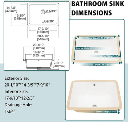 White Ceramic 20"x15" Undermount Bathroom Lavatory Sink | Rectangle under counter white bathroom vessel sink for bathroom