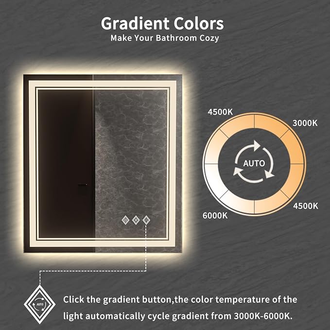 Bathroom Mirror, 32x36 Inch Gradient Front and Backlit LED Mirror for Bathroom, 3 Colors Dimmable CRI>90 Double Lights, IP54 Enhanced Anti-Fog, Hanging Plates Wall Mount LED Mirror