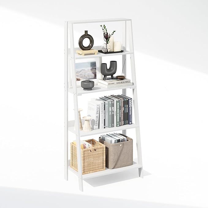 Furinno Ladder Display Shelf, 5-Tier Ladder Shelf, Ladder Bookshelf, Display Storage Shelves, 13 x 23.6 x 53.5, for Living Room, Home Office, White