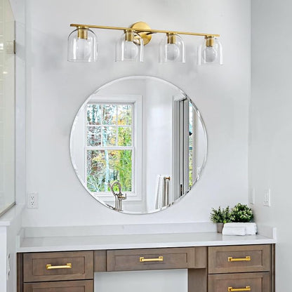 WOSHITU Bathroom Vanity Light Fixtures: 32.3 Inch Modern Brushed Gold Bathroom Light Fixtures Over Mirror with Clear Glass Shade, 4-Light Bathroom Lights Above Mirror