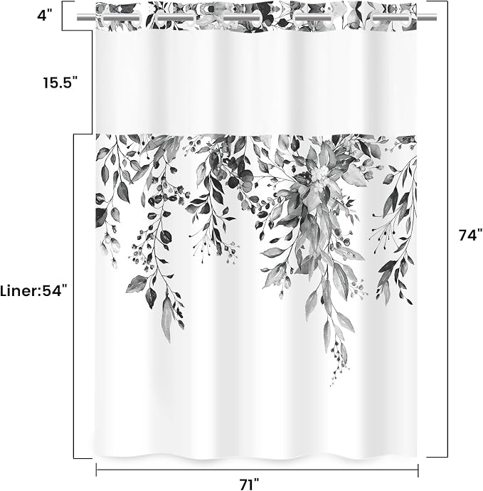 No Hook Floral Shower Curtain with Liner, Eucalyptus Black, 71x74 | Snap in Liner, 3 in 1, Water Repellent, Easy Install, Machine Washable, Hotel Style for Bathroom, Watercolor Pattern