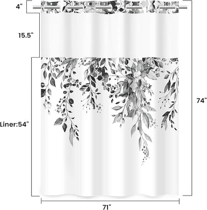 No Hook Floral Shower Curtain with Liner, Eucalyptus Black, 71x74 | Snap in Liner, 3 in 1, Water Repellent, Easy Install, Machine Washable, Hotel Style for Bathroom, Watercolor Pattern