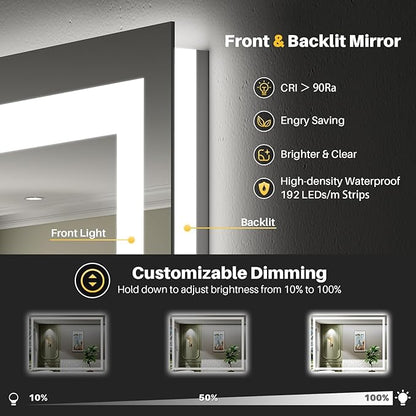 48x38 Inch LED Bathroom Mirror with Lights, Backlit & Front Lit, Anti-Fog Lighted Bathroom Vanity Mirror for Wall, Memory Function, Dimmable, HD Tempered Glass, Shatter-Proof