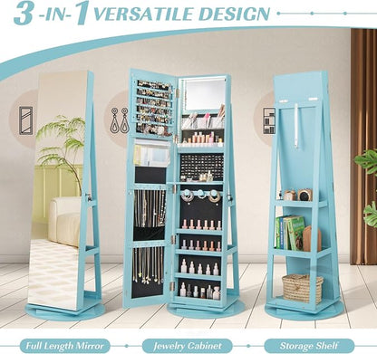 MAT EXPERT 360° Rotating Jewelry Armoire, Lockable Freestanding Jewelry Organizer w/Full-length Mirror, 3-Color LED Lights, Rear Storage Shelves, Mirror Jewelry Cabinet for Bedroom (Sky Blue)
