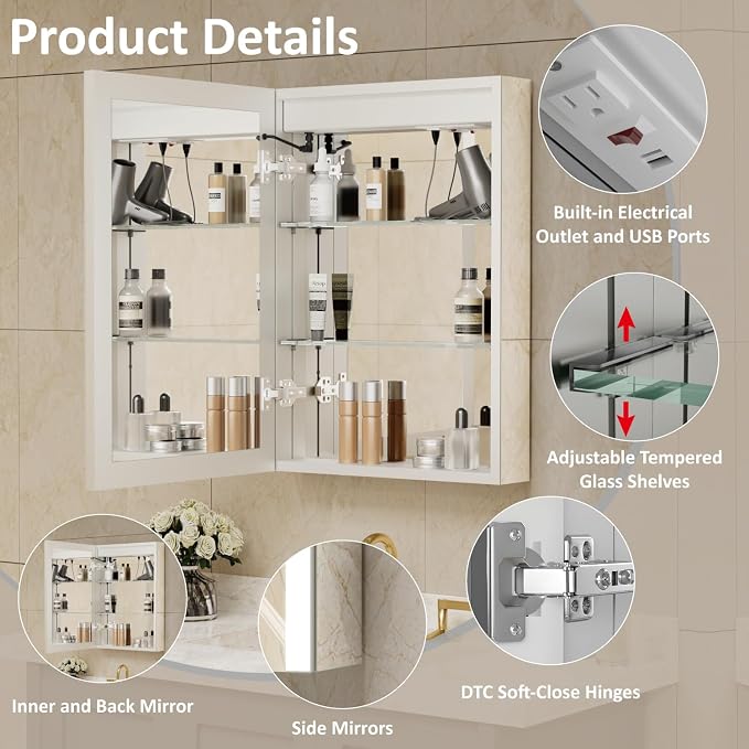 16 x 24 Inch Medicine Cabinet with Mirror and LED Light for Bathroom | Recessed, Wall-Mounted, Dimmable, Anti-Fog, Memory Function, 3 Color Mode, Outlet&USB, Adjustable Shelf, ETL Listed, Aluminum
