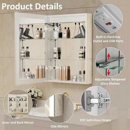 16 x 24 Inch Medicine Cabinet with Mirror and LED Light for Bathroom | Recessed, Wall-Mounted, Dimmable, Anti-Fog, Memory Function, 3 Color Mode, Outlet&USB, Adjustable Shelf, ETL Listed, Aluminum