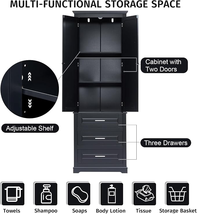 Merax 70" Pantry Cabinet with Two Doors & Three Drawer, Adjustable Shelves Storage Cupboard for Kitchen/Dining Room/Bathroom, Black