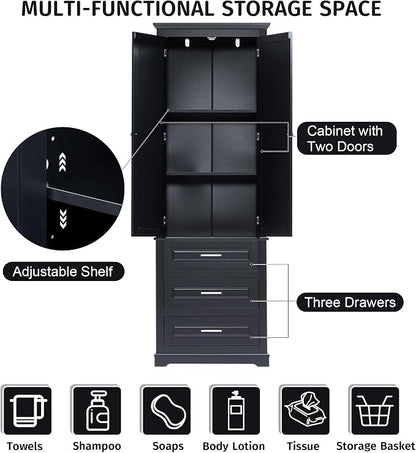 Merax 70" Pantry Cabinet with Two Doors & Three Drawer, Adjustable Shelves Storage Cupboard for Kitchen/Dining Room/Bathroom, Black