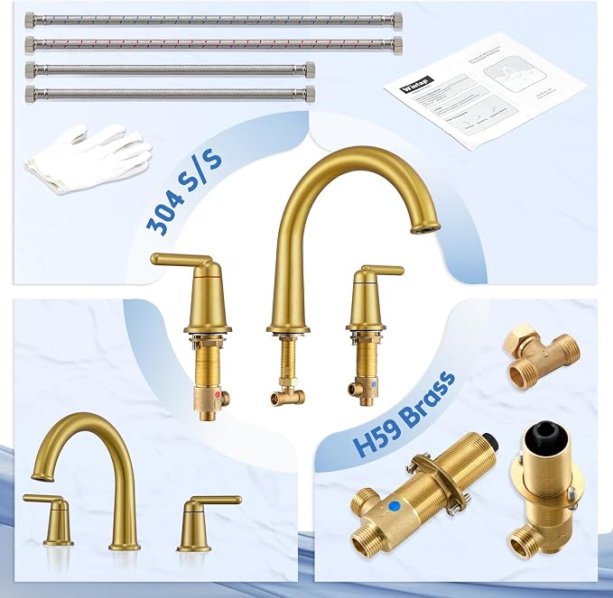 Roman Tub Faucet 3 Hole Deck Mount Tub Filler High Flow Brushed Gold | With Ceramic Valve, Solid Brass, High Arch Bathtub Faucet, 2-Handle Design, Widespread Mount, Garden Bath Tub Faucet