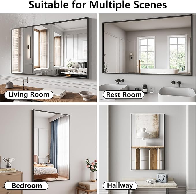 Bathroom Mirror 30"x50" Matte Black Rectangle Bathroom Wall Mirror for Over Sink, Modern Large Vanity Mirror, HD Tempered Glass, Anti-Rust Aluminum Alloy Frame, for Living Room, Bedroom, Entryway