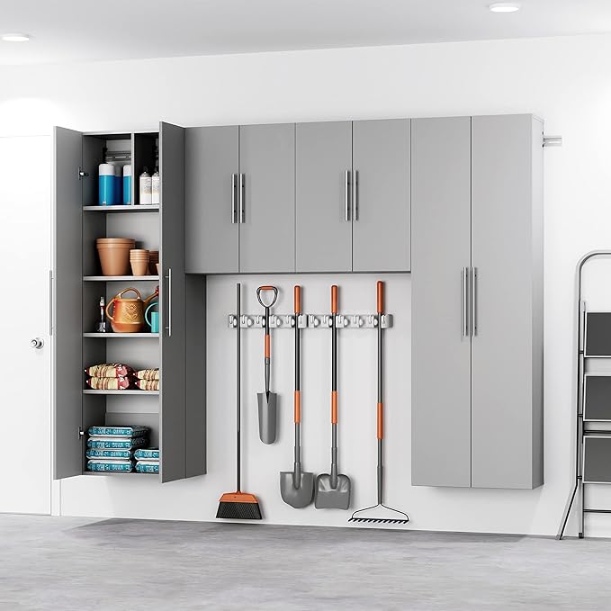 Prepac HangUps 24'' Upper Cabinet, Wall Hanging Storage Cupboard for Garage, Bathroom, Kitchen, Laundry Room Organization, Light Gray with Satin Nickel Handles