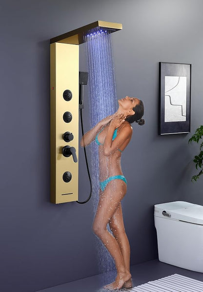ROVATE 6 in 1 LED Rainfall Waterfall Shower Panel Tower System Brushed Gold | Stainless Steel Shower Column with 2-Setting Body Jets, Waterfall Tub Spout and Flexible Handheld, Water Flow Adjustable