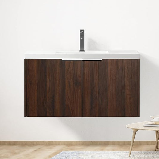 Goujxcy 36" Wall Mounted Bathroom Vanity with Sink, Modern Floating Bathroom Cabinet with White Resin Wash Basin & Storage Cabinet, Soft-Close Door Wood Hanging Bath Room Cabinet