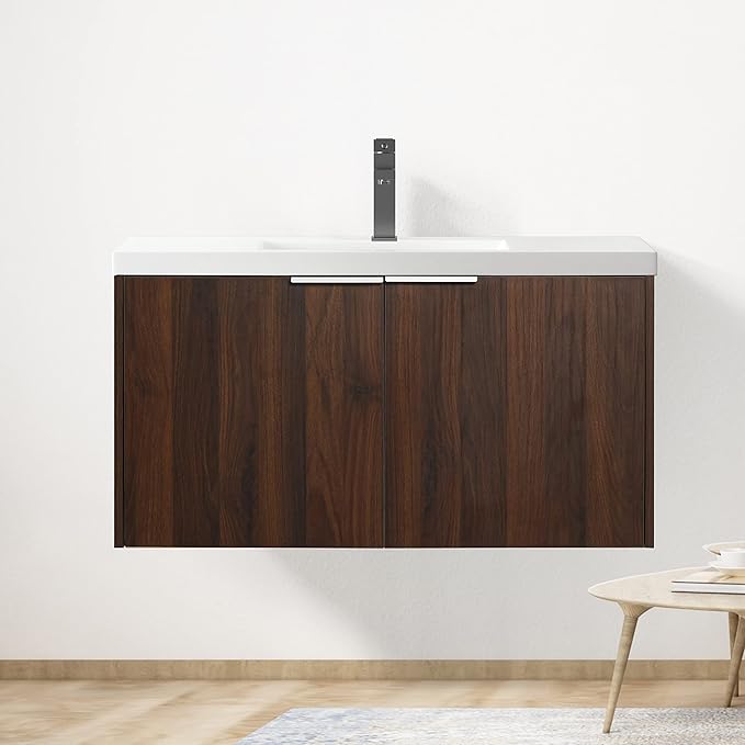 Henf 36inch Floating Bathroom Vanity Cabinet with Sink Combo, Modern Wall Mounted Solid Wood Cabinet with White Gel Basin Sink Bathroom Storage Cabinet with 2 Soft Close Doors