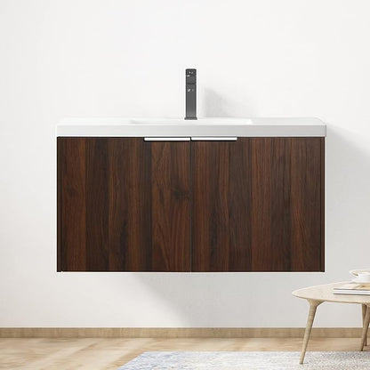 Henf 36inch Floating Bathroom Vanity Cabinet with Sink Combo, Modern Wall Mounted Solid Wood Cabinet with White Gel Basin Sink Bathroom Storage Cabinet with 2 Soft Close Doors