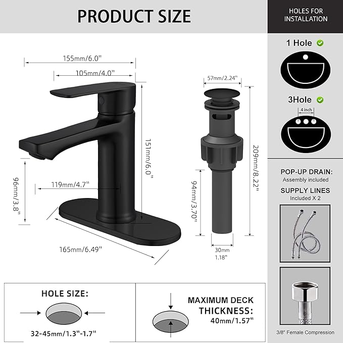 BELZ Black Bathroom Sink Faucet Single Handle Bath Vanity Sink Faucets One Hole with Pop Up Drain and Deck Plate for 1 or 3 Holes Modern Washroom Faucet Matte Black