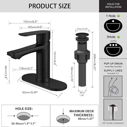 BELZ 2-Pack Matte Black Bathroom Faucet, Tool-Free Modern Set of 2 Sink Faucets with Drain & Deck Plate, Anti-Peeling, Pre-Installed 24" Supply Lines