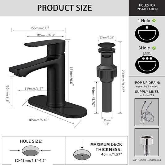 BELZ 2-Pack Matte Black Bathroom Faucet, Tool-Free Modern Set of 2 Sink Faucets with Drain & Deck Plate, Anti-Peeling, Pre-Installed 24" Supply Lines