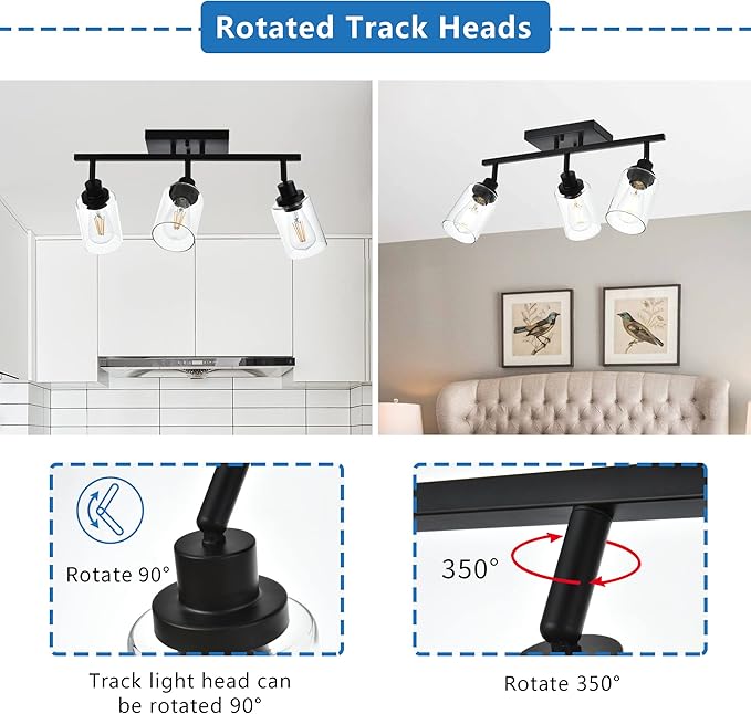 MELUCEE 3 Light Bathroom Vanity Light Black Track Lighting Fixtures Ceiling, Vanity Lighting Fixtures with Rotatable Track Head for Hallway Porch Foyer Bath Storage, Clear Glass Shade