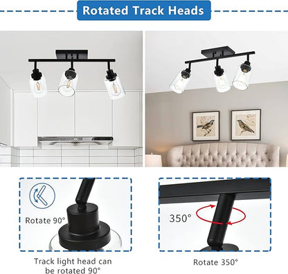 MELUCEE 3 Light Bathroom Vanity Light Black Track Lighting Fixtures Ceiling, Vanity Lighting Fixtures with Rotatable Track Head for Hallway Porch Foyer Bath Storage, Clear Glass Shade