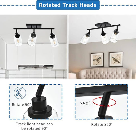 MELUCEE 3 Light Bathroom Vanity Light Black Track Lighting Fixtures Ceiling, Vanity Lighting Fixtures with Rotatable Track Head for Hallway Porch Foyer Bath Storage, Clear Glass Shade
